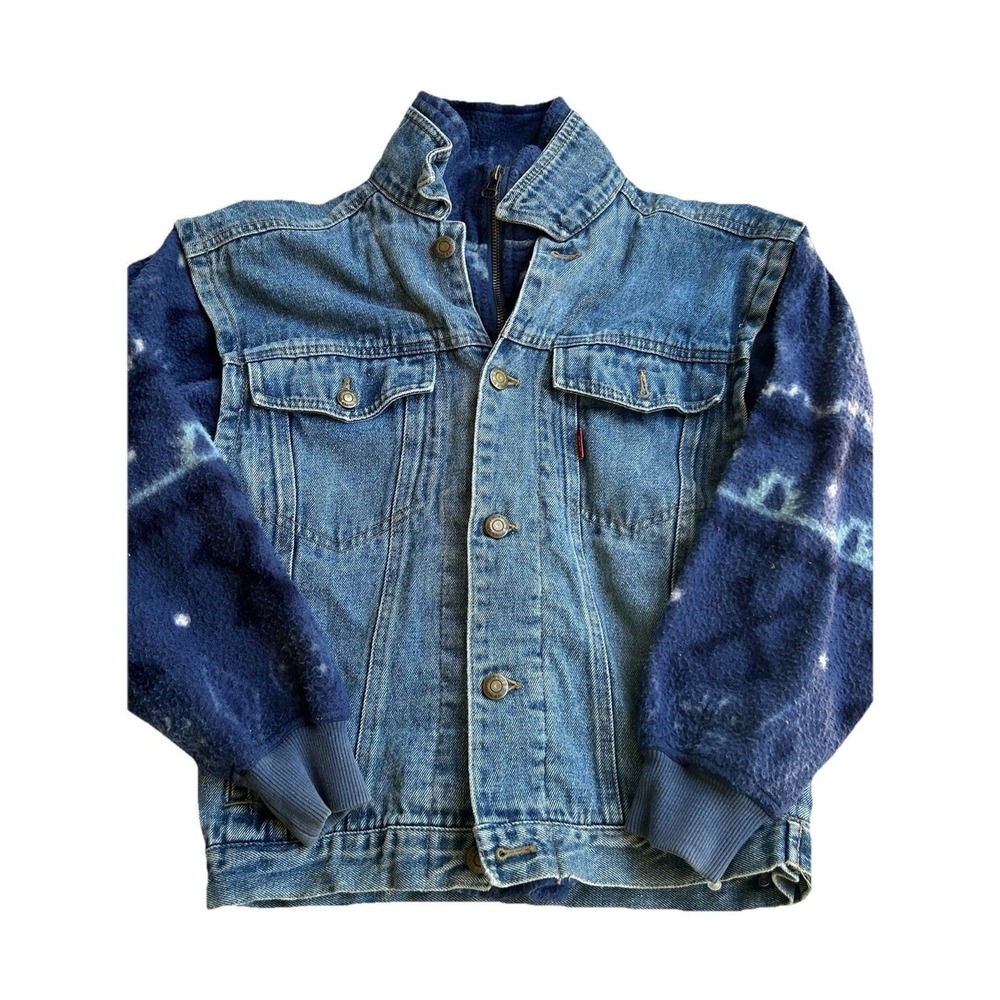Vintage Bugle Boy Denim Jacket M Zip Lined Fleece Sleeves Tie-Dye Grunge 90s